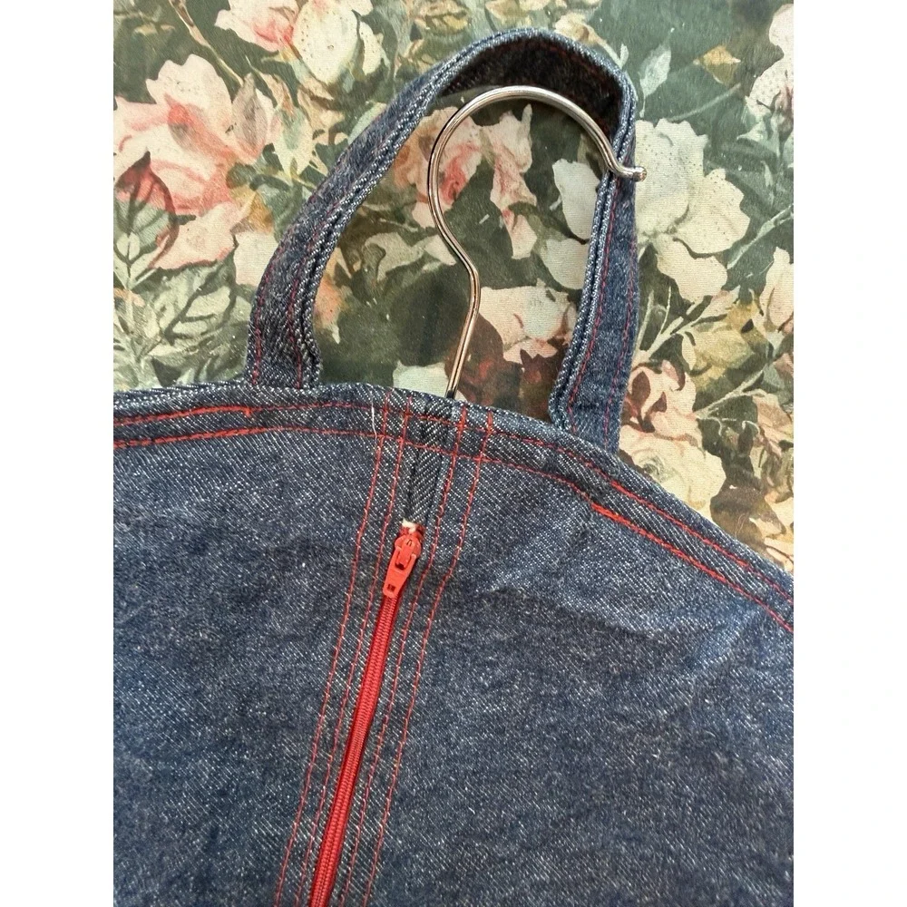 VTG 70s Denim Garment Bag Travel Suit Cover Red Zip Contrast Stitching 40x20